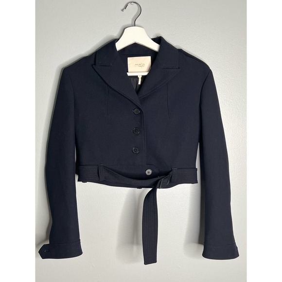 {Maje} 🔷 Black Via Cropped Belted Military Style Blazer - Picture 2 of 9